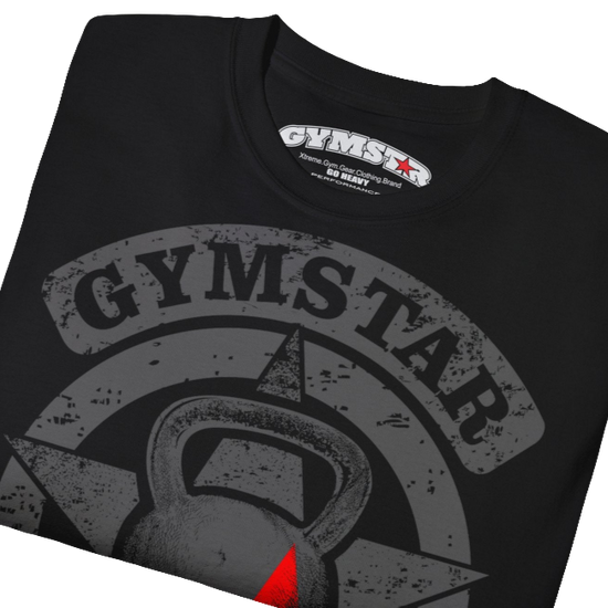 A  black crop Gymstar tee with a red and black graphic that reads 'Get More Power' and has a big star and skull kettlebell, presumably bodybulding or fitness. close up view.