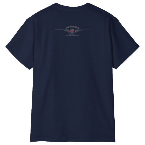 A  navy blue crop Gymstar tee with a red and black graphic that reads 'Get More Power' and has a big star and skull kettlebell, presumably bodybulding or fitness. Rear view.