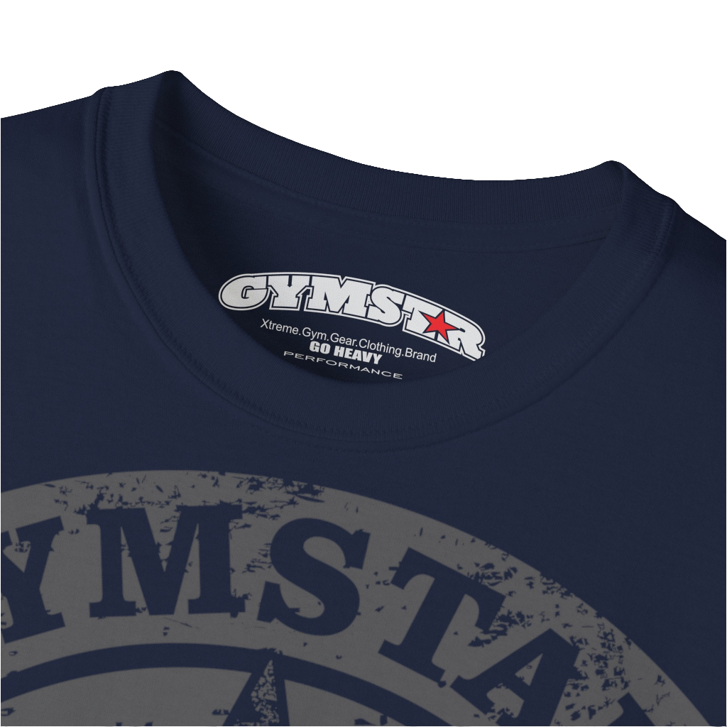 A  navy blue crop Gymstar tee with a red and black graphic that reads 'Get More Power' and has a big star and skull kettlebell, presumably bodybulding or fitness. Logo close up view.