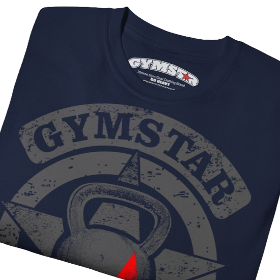 A  navy blue crop Gymstar tee with a red and black graphic that reads 'Get More Power' and has a big star and skull kettlebell, presumably bodybulding or fitness. close up view.