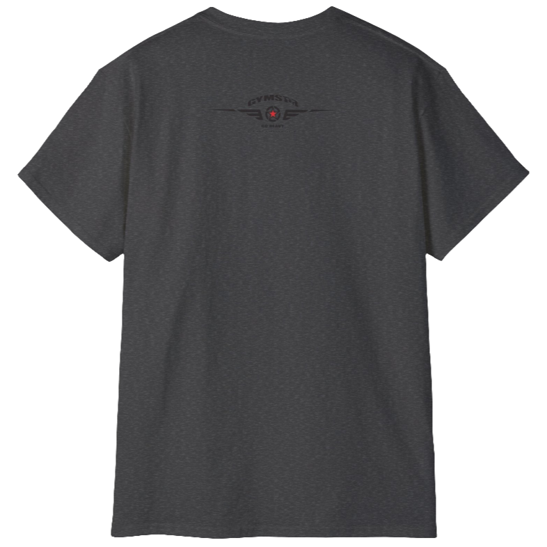A grey crop Gymstar tee with a red and black graphic that reads 'Get More Power' and has a big star and skull kettlebell, presumably bodybulding or fitness. Rear  view.