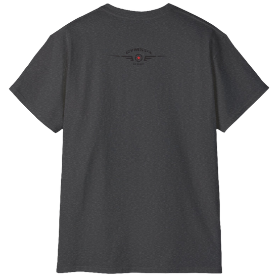 A grey crop Gymstar tee with a red and black graphic that reads 'Get More Power' and has a big star and skull kettlebell, presumably bodybulding or fitness. Rear  view.
