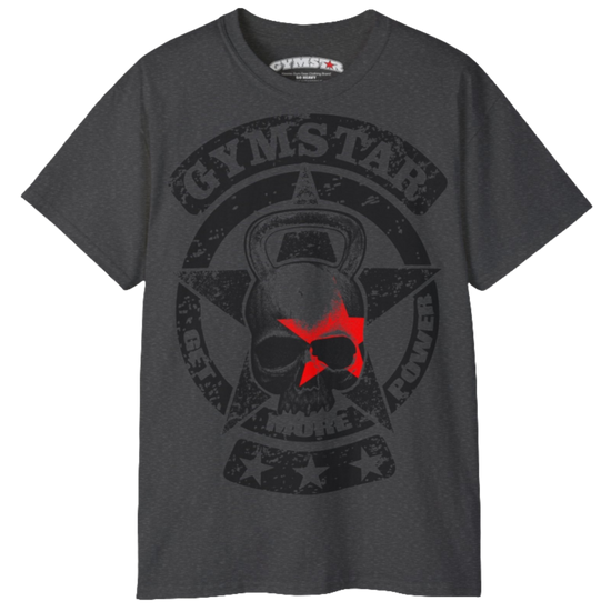 A grey crop Gymstar tee with a red and black graphic that reads 'Get More Power' and has a big star and skull kettlebell, presumably bodybulding or fitness.