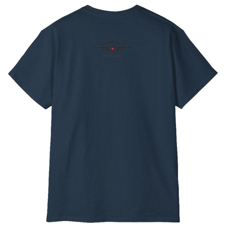 A  Deep navy Gymstar tee with a red and black graphic that reads 'Get More Power' and has a big star and skull kettlebell, presumably bodybulding or fitness. Rear view.
