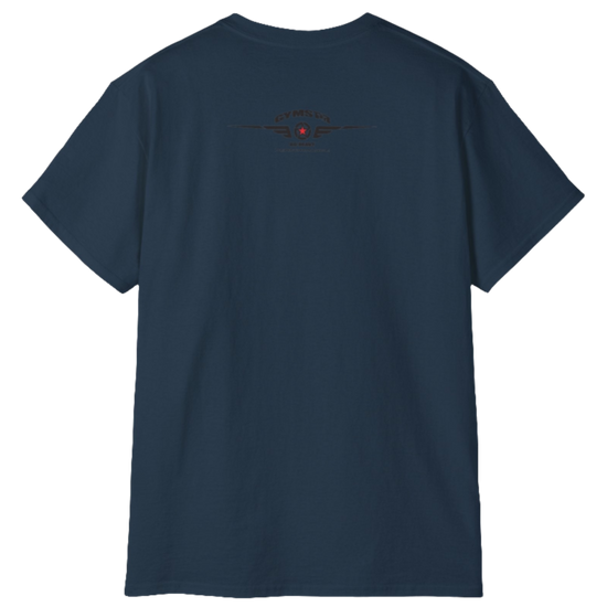 A  Deep navy Gymstar tee with a red and black graphic that reads 'Get More Power' and has a big star and skull kettlebell, presumably bodybulding or fitness. Rear view.
