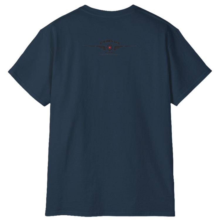 A  Deep navy Gymstar tee with a red and black graphic that reads 'Get More Power' and has a big star and skull kettlebell, presumably bodybulding or fitness. Rear view.