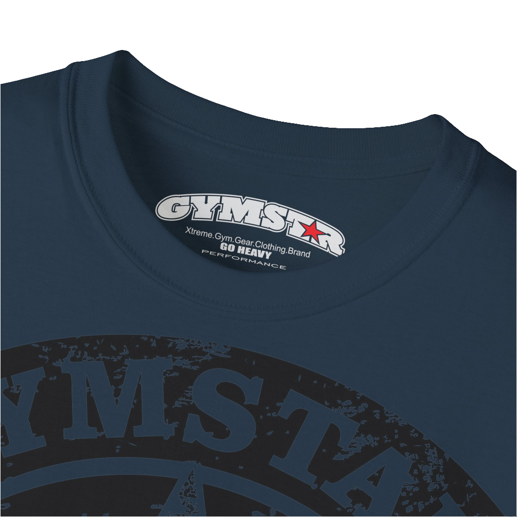 A  Deep navy Gymstar tee with a red and black graphic that reads 'Get More Power' and has a big star and skull kettlebell, presumably bodybulding or fitness. Logo close up view.