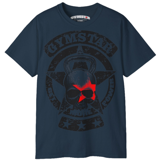 A deep navy crop Gymstar tee with a red and black graphic that reads 'Get More Power' and has a big star and skull kettlebell, presumably bodybulding or fitness.