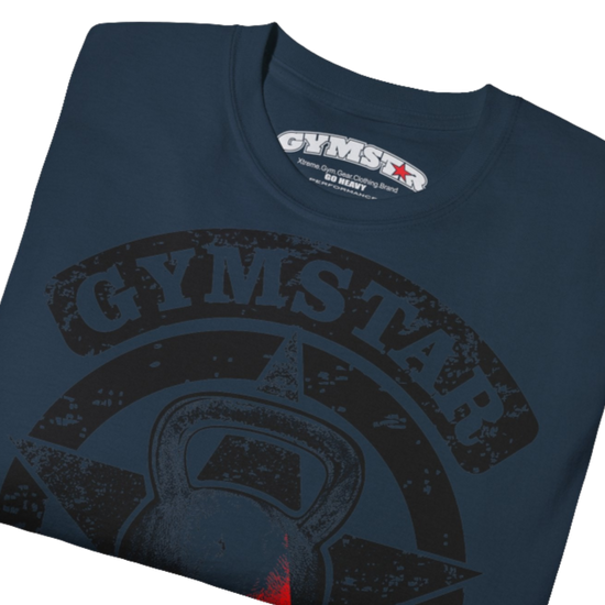 A  Deep navy Gymstar tee with a red and black graphic that reads 'Get More Power' and has a big star and skull kettlebell, presumably bodybulding or fitness. close up view.