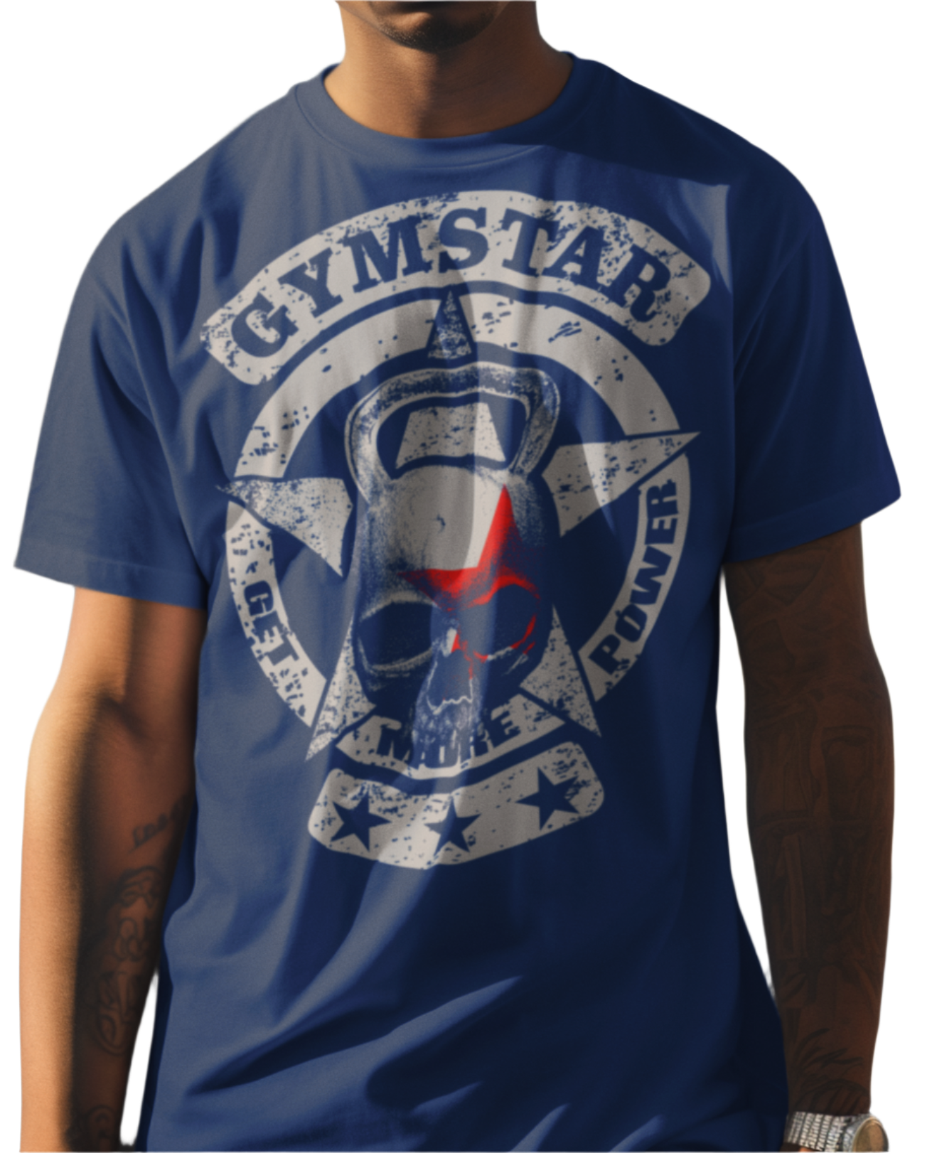 A man wearing sport blue crop Gymstar tee with a red and black graphic that reads 'Get More Power' and has a big star and skull kettlebell, presumably bodybulding or fitness.