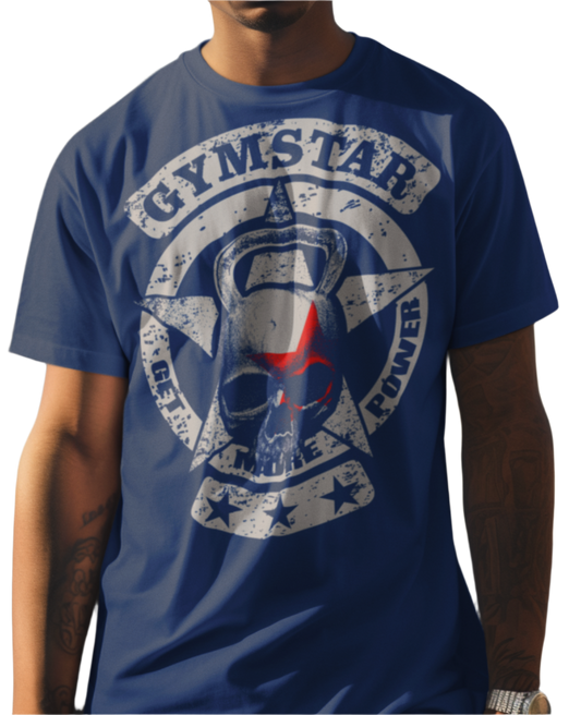 A man wearing sport blue crop Gymstar tee with a red and black graphic that reads 'Get More Power' and has a big star and skull kettlebell, presumably bodybulding or fitness.
