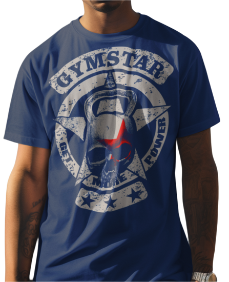 A man wearing sport blue crop Gymstar tee with a red and black graphic that reads 'Get More Power' and has a big star and skull kettlebell, presumably bodybulding or fitness.