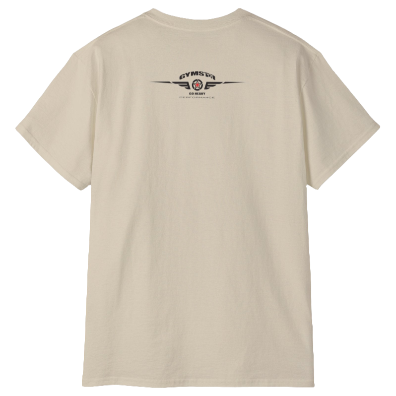 A  beige crop Gymstar tee with a red and black graphic that reads 'Get More Power' and has a big star and skull kettlebell, presumably bodybulding or fitness. Rear  view.
