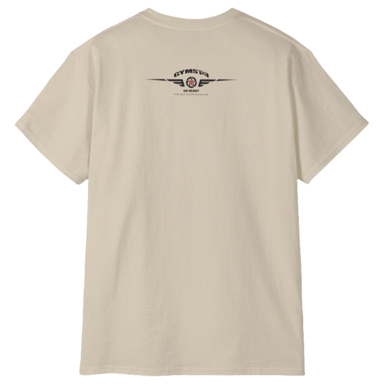 A  beige crop Gymstar tee with a red and black graphic that reads 'Get More Power' and has a big star and skull kettlebell, presumably bodybulding or fitness. Rear  view.