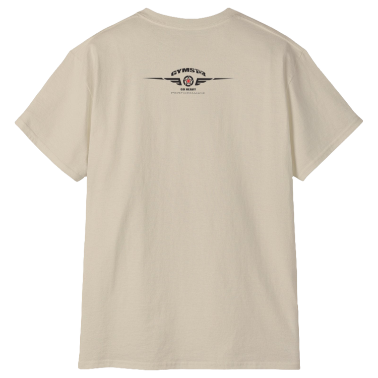 A  beige crop Gymstar tee with a red and black graphic that reads 'Get More Power' and has a big star and skull kettlebell, presumably bodybulding or fitness. Rear  view.
