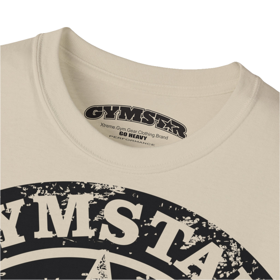 A  beige crop Gymstar tee with a red and black graphic that reads 'Get More Power' and has a big star and skull kettlebell, presumably bodybulding or fitness. Logo close up view.