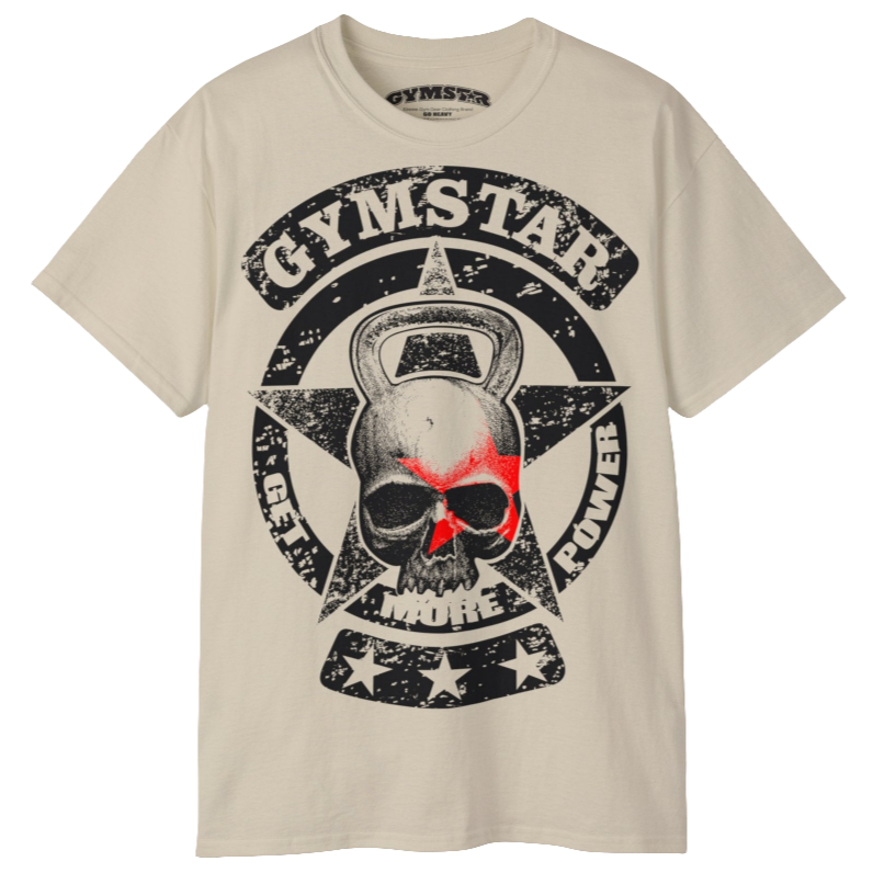 A beige crop Gymstar tee with a red and black graphic that reads 'Get More Power' and has a big star and skull kettlebell, presumably bodybulding or fitness.