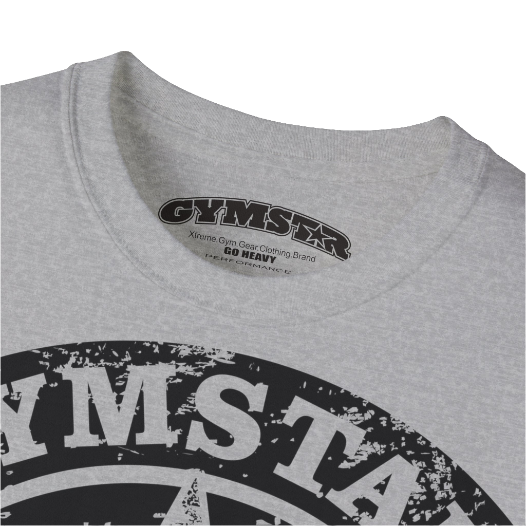 A  silver blue crop Gymstar tee with a red and black graphic that reads 'Get More Power' and has a big star and skull kettlebell, presumably bodybulding or fitness. Logo close up view.