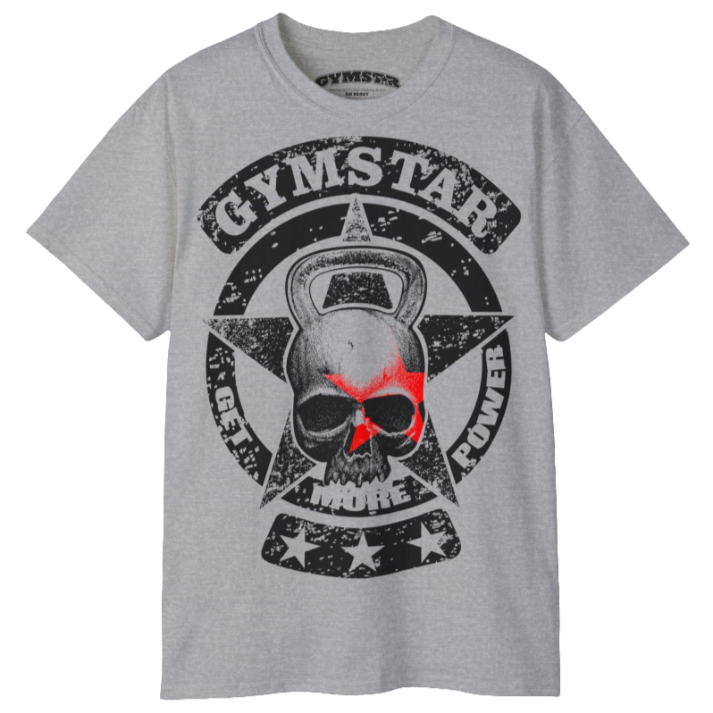 A silver grey crop Gymstar tee with a red and black graphic that reads 'Get More Power' and has a big star and skull kettlebell, presumably bodybulding or fitness.