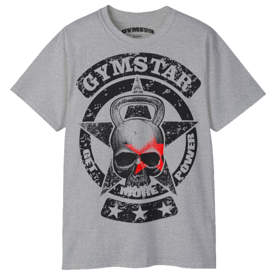 A silver grey crop Gymstar tee with a red and black graphic that reads 'Get More Power' and has a big star and skull kettlebell, presumably bodybulding or fitness.