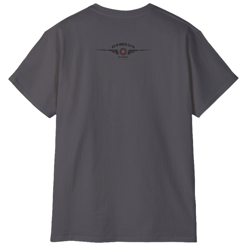 A sport grey crop Gymstar tee with a red and black graphic that reads 'Get More Power' and has a big star and skull kettlebell, presumably bodybulding or fitness. Rear view.