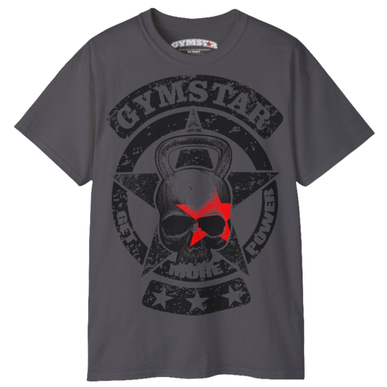 A sport grey crop Gymstar tee with a red and black graphic that reads 'Get More Power' and has a big star and skull kettlebell, presumably bodybulding or fitness.