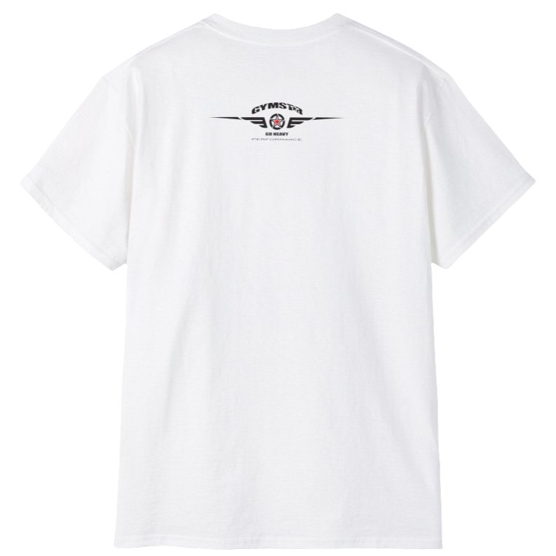 A white crop Gymstar tee with a red and black graphic that reads 'Get More Power' and has a big star and skull kettlebell, presumably bodybulding or fitness. Rear  view.
