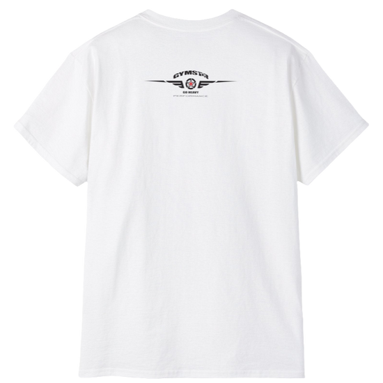 A white crop Gymstar tee with a red and black graphic that reads 'Get More Power' and has a big star and skull kettlebell, presumably bodybulding or fitness. Rear  view.