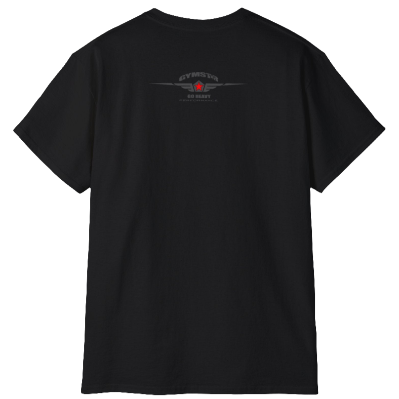 A black Gymstar tee with a red and black graphic that reads 'Just Pump it' and logo, presumably bodybulding or fitness. Rear view. 