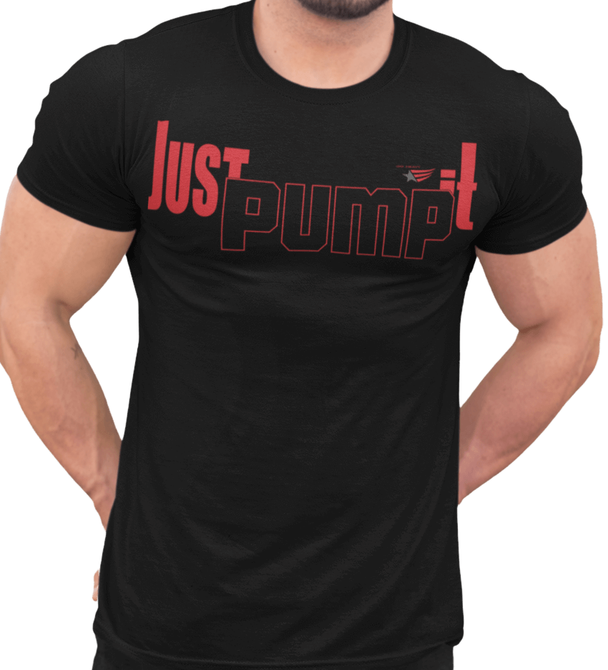 А man wearing sporty, black cotton Gymstar fitness t-shirt Just Pump It with a motivating design. Close-up front view.