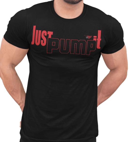 А man wearing sporty, black cotton Gymstar fitness t-shirt Just Pump It with a motivating design. Close-up front view.