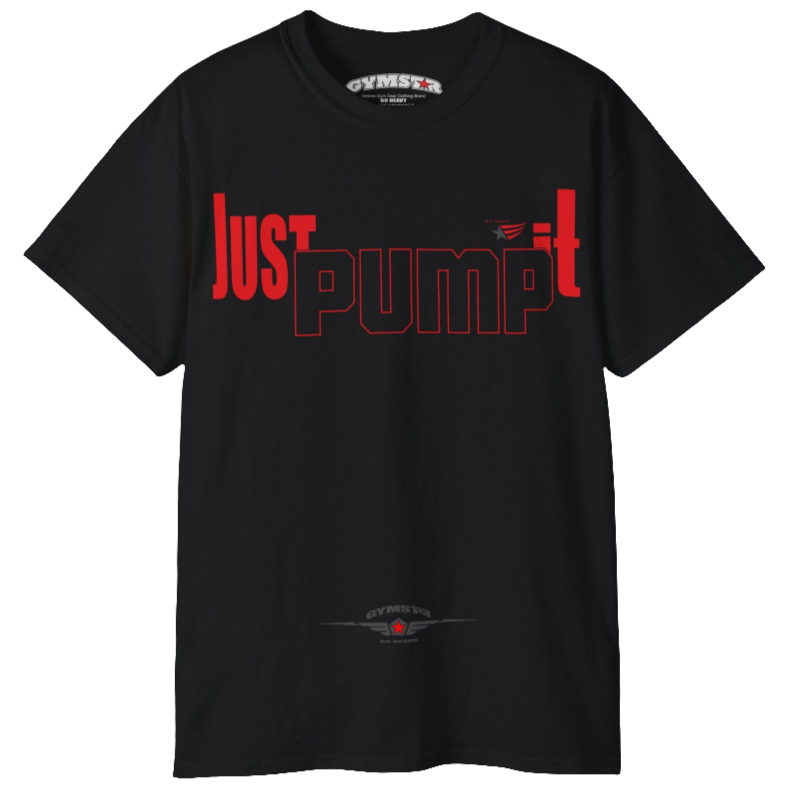 A black Gymstar tee with a red and black graphic that reads 'Just Pump it' and logo, presumably bodybulding or fitness.  