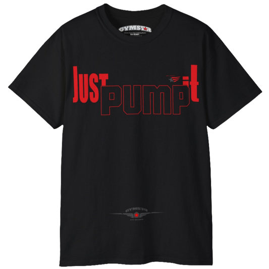 A black Gymstar tee with a red and black graphic that reads 'Just Pump it' and logo, presumably bodybulding or fitness.  