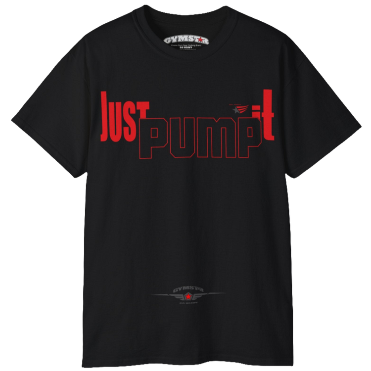 A black Gymstar tee with a red and black graphic that reads 'Just Pump it' and logo, presumably bodybulding or fitness.  