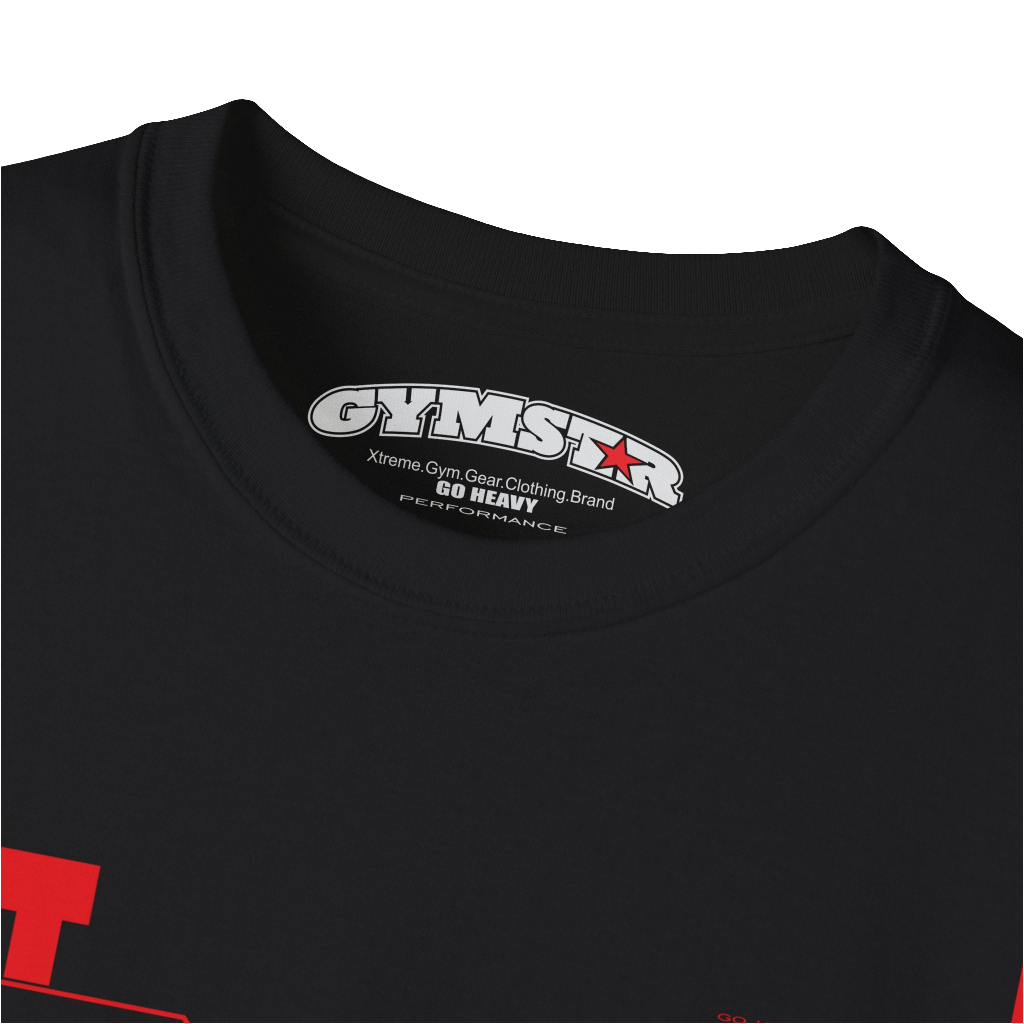 A black Gymstar tee with a red and black graphic that reads 'Just Pump it' and logo, presumably bodybulding or fitness. Logo Close up view. 