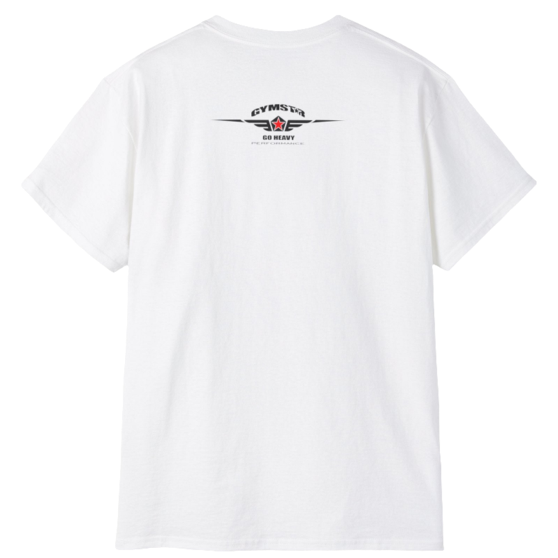 A white Gymstar tee with a red and black graphic that reads 'Just Pump it' and logo, presumably bodybulding or fitness. Rear view. 