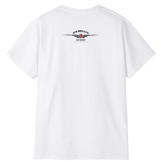 A white Gymstar tee with a red and black graphic that reads 'Just Pump it' and logo, presumably bodybulding or fitness. Rear view. 