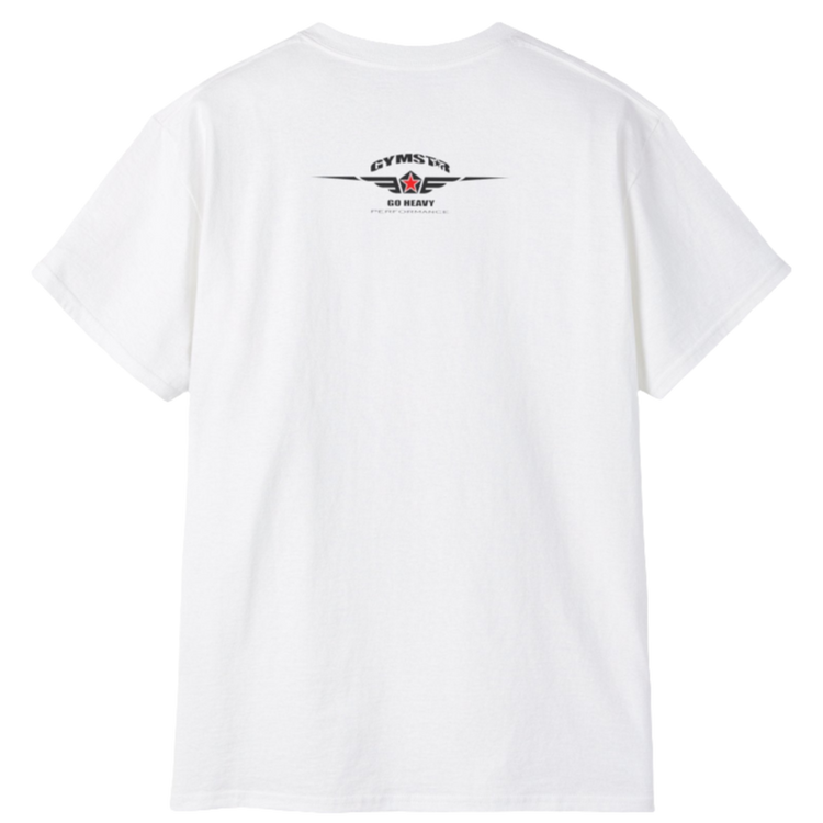 A white Gymstar tee with a red and black graphic that reads 'Just Pump it' and logo, presumably bodybulding or fitness. Rear view. 