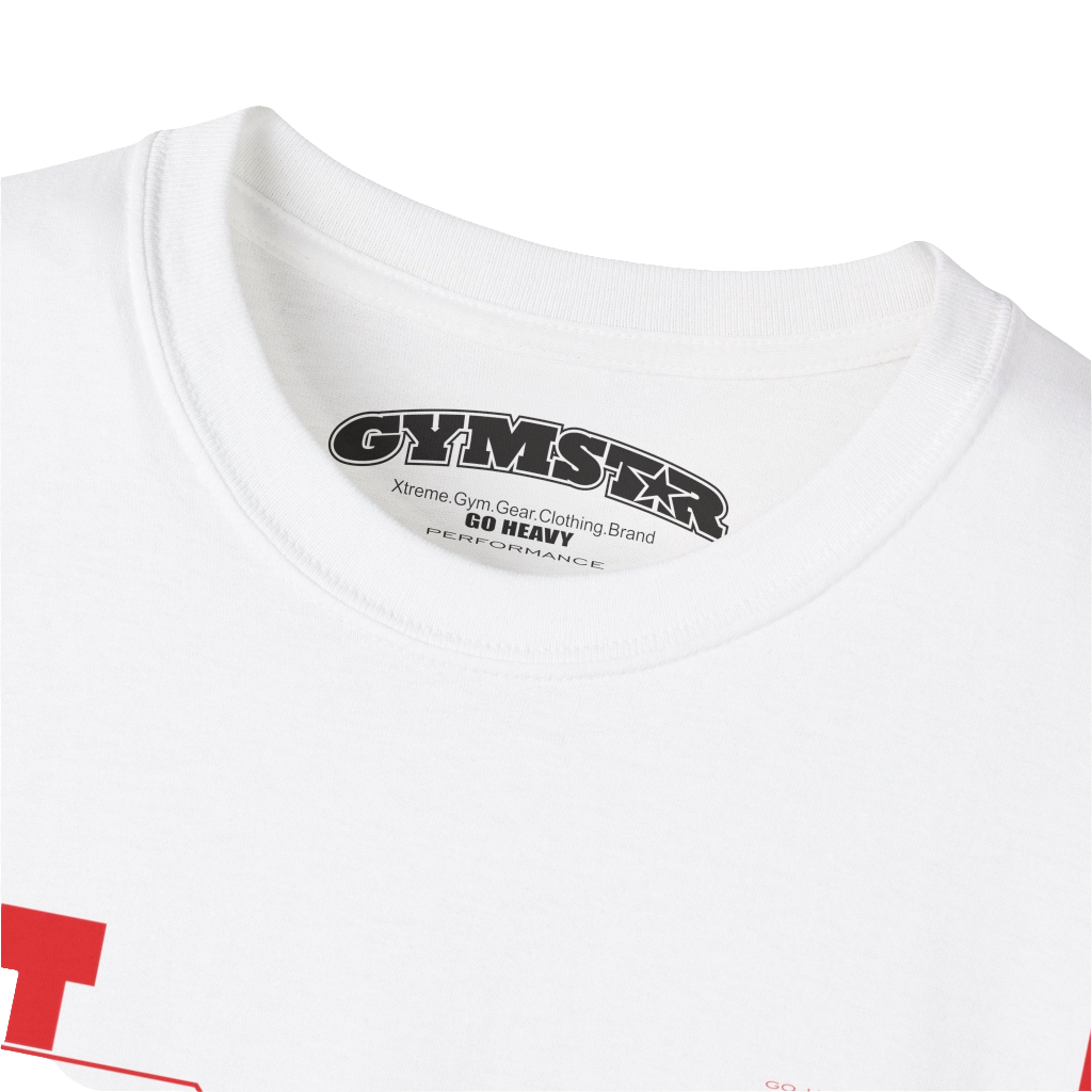A white Gymstar tee with a red and black graphic that reads 'Just Pump it' and logo, presumably bodybulding or fitness. Logo Close up view. 