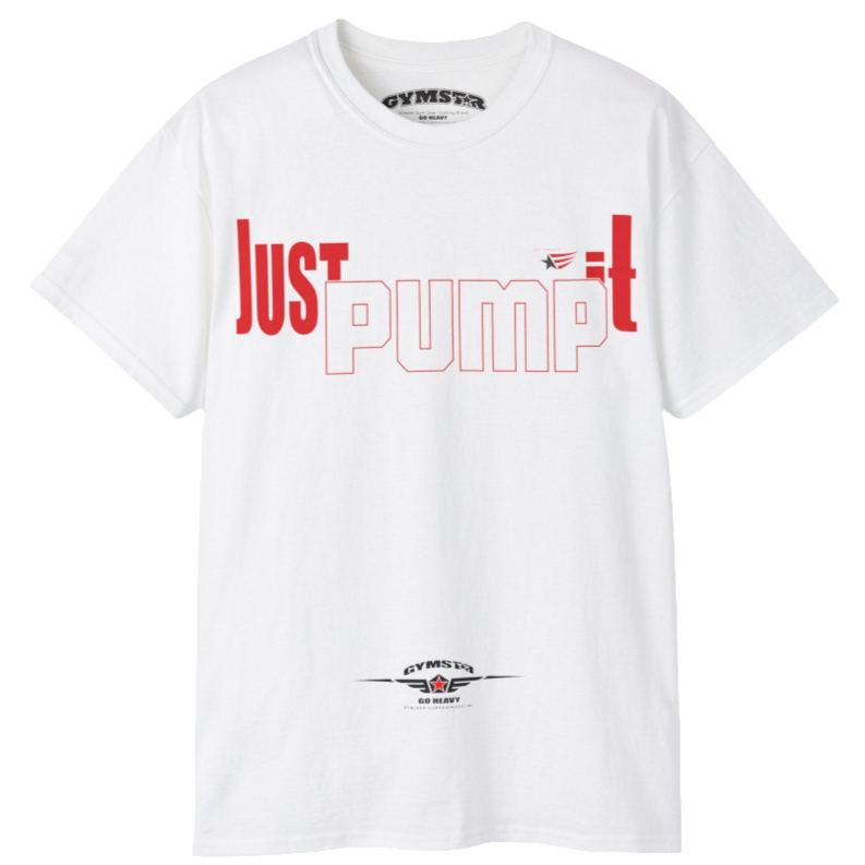 A white Gymstar tee with a red and black graphic that reads 'Just Pump it' and logo, presumably bodybulding or fitness.