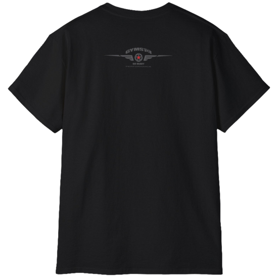 A black Gymstar t-shirt with a graphic print Just Pump it and a bodybuilder silhouete in the center, designed for fitness and sports. Rear view.