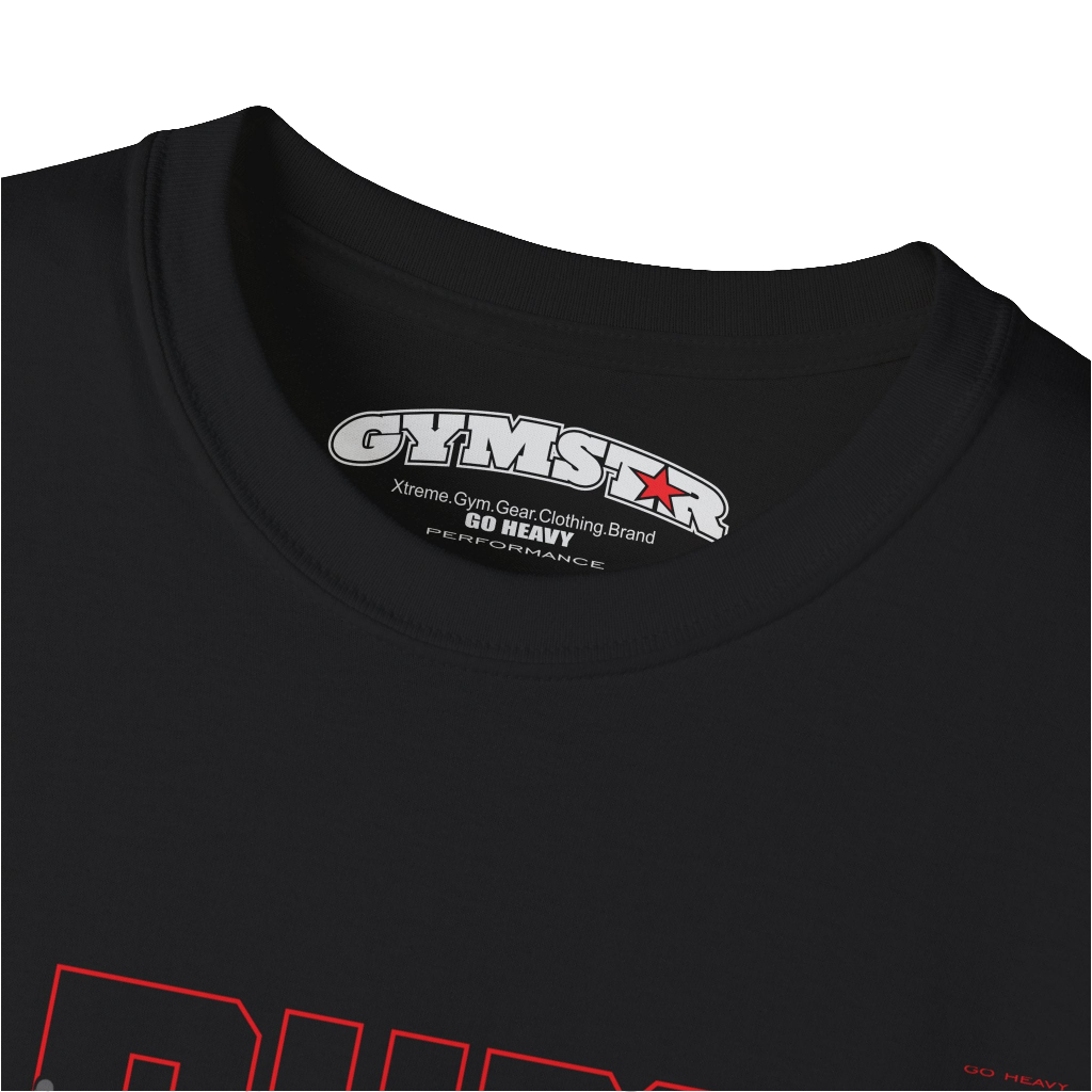 A black Gymstar t-shirt with a graphic print Just Pump it and a bodybuilder silhouete in the center, designed for fitness and sports. Front  logo close up view.