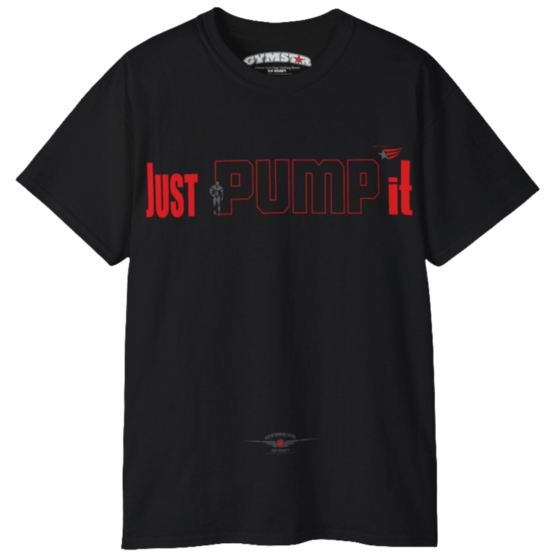 A black Gymstar t-shirt with a graphic print Just Pump it and a bodybuilder silhouete in the center, designed for fitness and sports. Front  view.