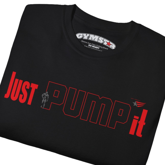 A black Gymstar t-shirt with a graphic print Just Pump it and a bodybuilder silhouete in the center, designed for fitness and sports. Front close up view.