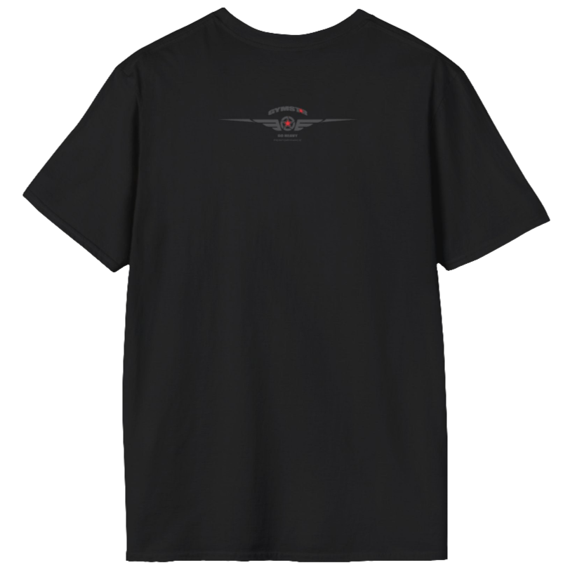 A black Gymstar t-shirt with a graphic print Raw Concept and a barbell in the center, designed for fitness and sports. Rear view.