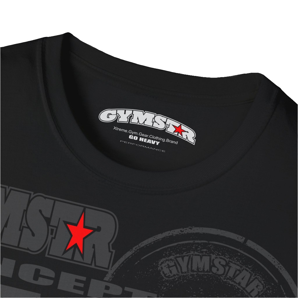 A black Gymstar t-shirt with a graphic print Raw Concept and a barbell in the center, designed for fitness and sports. Front logo close up view.