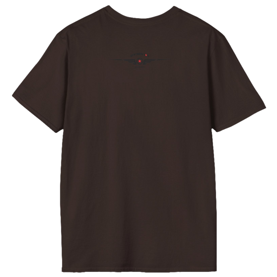 A  brown Gymstar t-shirt with a graphic print Raw Concept and a barbell in the center, designed for fitness and sports. Rear view.