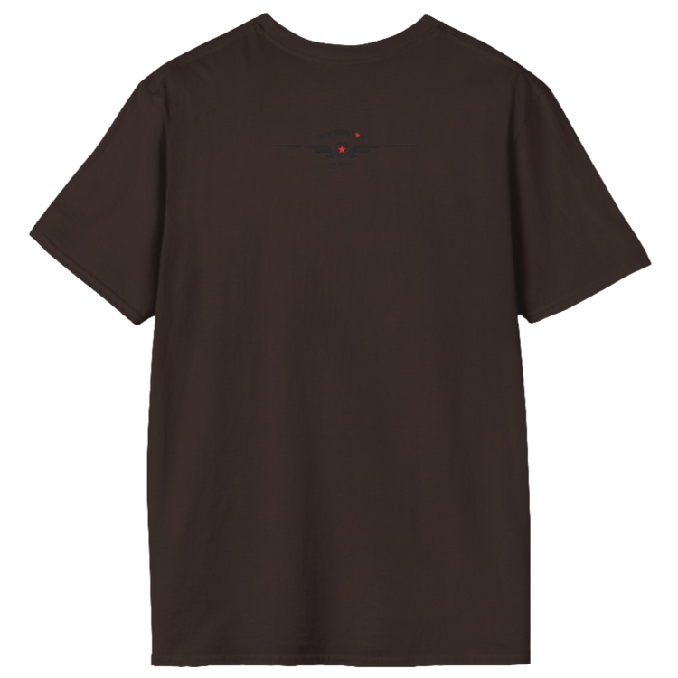 A  brown Gymstar t-shirt with a graphic print Raw Concept and a barbell in the center, designed for fitness and sports. Rear view.