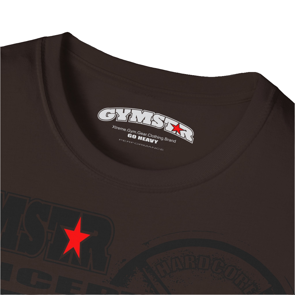 A  brown Gymstar t-shirt with a graphic print Raw Concept and a barbell in the center, designed for fitness and sports. Front logo close up view.