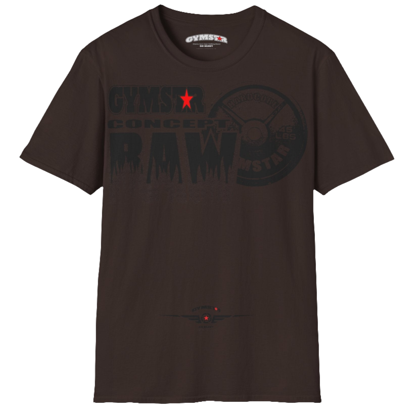 A  brown Gymstar t-shirt with a graphic print Raw Concept and a barbell in the center, designed for fitness and sports. Front  view.